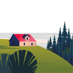 Sticker - winter season landscape scene with house in pines forest and lake