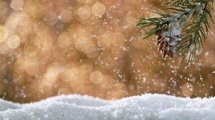 Wall Mural - christmas still life with lights in wooden background and snowflakes falling. super slow motion film