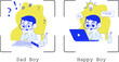 hap and sad child flat design illustration, boy with laptop, kid happy with online study 