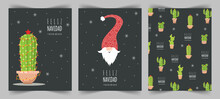Feliz Navidad Cards With Cute Christmas Elf And Cactuses. Season Greetings. Vector Illustration In Flat Style. Nordic Vintage Postcard. New Year Design For Poster, Banner, Flyer.