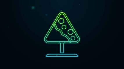 Sticker - Glowing neon line Road sign avalanches icon isolated on black background. Snowslide or snowslip rapid flow of snow down a sloping surface. 4K Video motion graphic animation