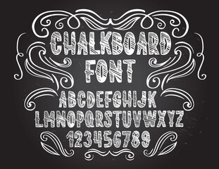 Wall Mural - Chalkboard font. Typography alphabet with illustrations.