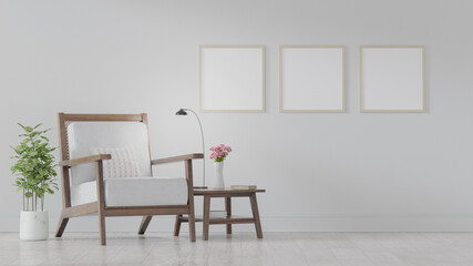 Wall Mural - Square poster mockup with Three  frames on empty white wall in living room interior, Living room, 3D Rendering