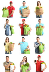 Wall Mural - Collage of young people holding shopping bags with food on white background