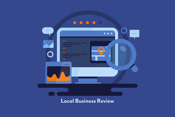 Wall Mural - Local business store review, local seo for ecommerce website. Flat design modern marketing illustration.