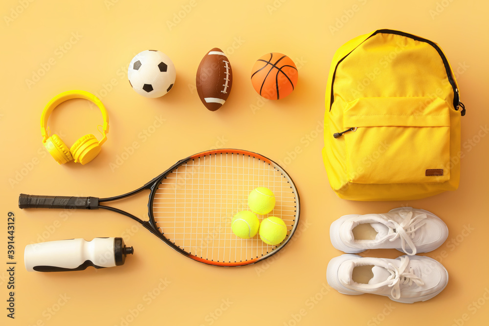 Set of sport equipment on color background - obrazy, fototapety, plakaty 