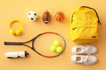 Wall Mural - Set of sport equipment on color background