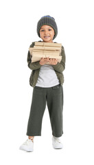 Poster - Cute African-American boy with stack of books on white background