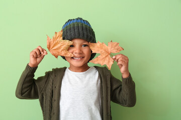 Poster - Cute African-American boy with autumn leaves on color background