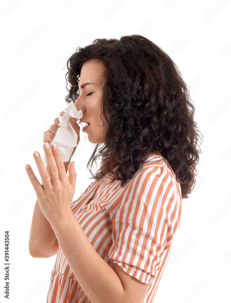 Young allergic woman on white background