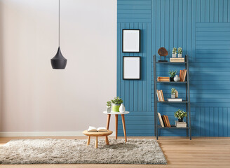 Grey living room, clack lamp and bookshelf, brick wall background and carpet.