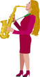 © Elena - Young woman in red dress playing the saxophone.