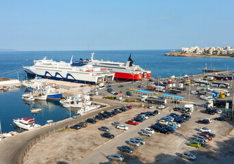 View of port terminal dock and car ferries in Rafina, Attiki, Greece.