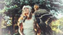 Beautiful Shamanic Woman With Eagle In The Nature.