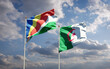 Beautiful national state flags of Seychelles and Algeria together at the sky background. 3D artwork concept.