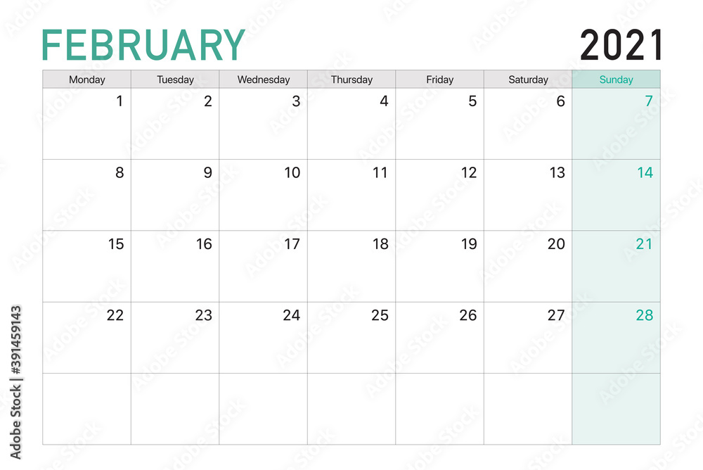 2021 February illustration vector desk calendar weeks start on Monday in light green and white theme - obrazy, fototapety, plakaty 