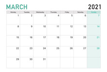2021 March Illustration Vector Desk Calendar Weeks Start On Monday In Light Green And White Theme