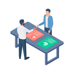 Poster - Men discussing working issues at table with graphs