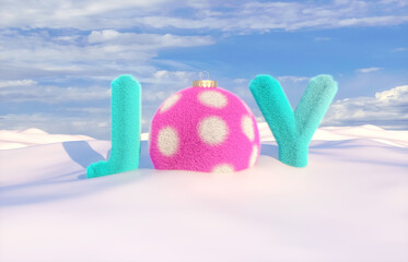 Poster - Joy phrase with fluffy texture on winter background. Christmas and Happy new year concept. 3d render.