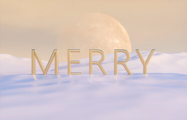 Poster - Golden Merry phrase with full moon on winter background. Christmas and Happy new year concept. 3d render.