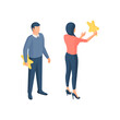 People increase online rating isometric vector illustration. Male and female characters hang and reinforce golden stars.