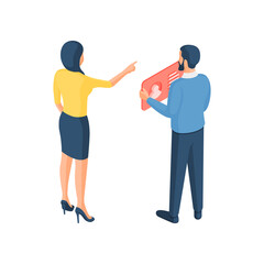 Poster - People customize user web cabinet isometric vector illustration. Male and female characters looking for best place post their online profile.