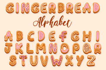 Christmas gingerbread cookies alphabet, decorated vector letters