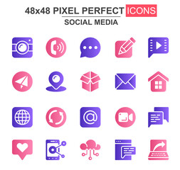 Poster - Social media glyph icon set. Message, call, chat, mail, smartphone, pinpointer, like, camera, cloud storage unique icons. Flat vector bundle for UI UX design. 48x48 pixel perfect GUI pictograms pack.