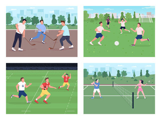 Poster - Outdoor sports match flat color vector illustration set. People play soccer. Hockey field. Football team. Urban park for physical activity 2D cartoon landscape with skyline on background collection