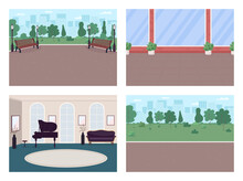Urban Street And Luxury House Flat Color Vector Illustration Set. Park Walkway. Place For Recreation 2D Cartoon Interior, Landscape With House Walls, City Skyline On Background Collection