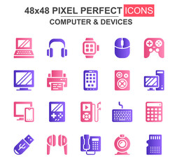 Poster - Computer and devices glyph icon set. Laptop, gamepad, printer, smartwatch, mp3 player, USB drive, memory card unique icons. Flat vector bundle for UI UX design. 48x48 pixel perfect GUI pictograms pack