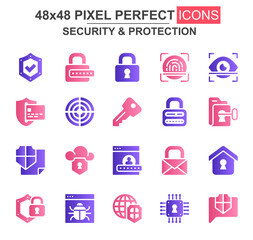 Aufkleber - Security and protection glyph icon set. Password, padlock, fingerprint, retina scan, firewall, bug, shield unique icons. Flat vector bundle for UI UX design. 48x48 pixel perfect GUI pictograms pack.