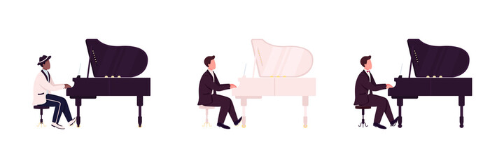 Poster - african and caucasian piano players flat color vector faceless character set. classical, jazz musici