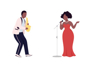 Poster - African jazz band flat color vector faceless character set. Saxophone player. Woman singer. Blues live performance isolated cartoon illustration for web graphic design and animation collection
