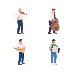 Poster - Orchestra musicians flat color vector faceless character set. Play melody. Classical music instruments players isolated cartoon illustration for web graphic design and animation collection
