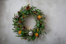 Christmas Decorations, Close Up Of Christmas Wreath With Ornaments.