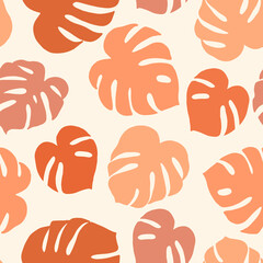 Wall Mural - Seamless pattern with monstera. Composition with leaves. Contemporary vector illustration in pastel colors. Flat abstract design. Modern texture for textile, print, packaging