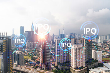 Wall Mural - IPO icon hologram over panorama city view of Kuala Lumpur. KL is the hub of initial public offering in Malaysia, Asia. The concept of exceeding business opportunities. Double exposure.