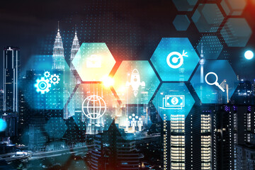 Wall Mural - Research and technological development glowing icons. Night panoramic city view of Kuala Lumpur. Concept of innovative activities expanding new services or products in Malaysia, Asia. Double exposure.