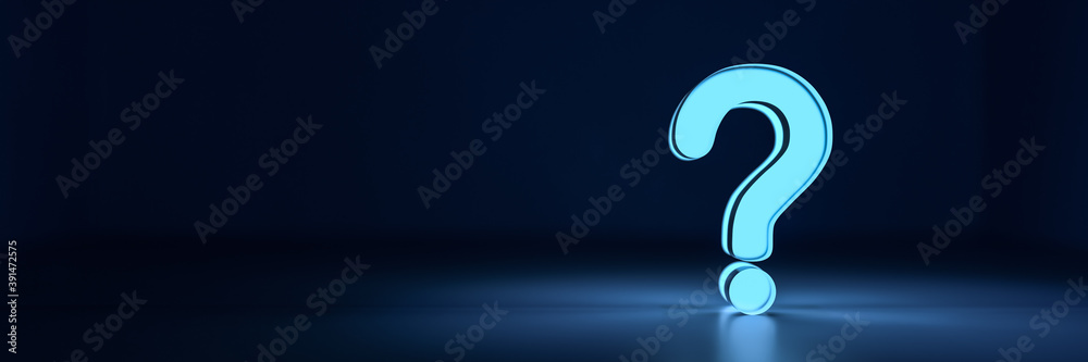 Blue glowing question mark on dark background with empty copy space on left side. 3D Rendering - obrazy, fototapety, plakaty 