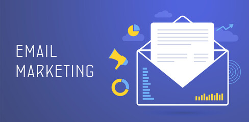 Poster - Email Marketing rate. Inbound information dissemination, e-mail advertising campaign - useful newsletter, promotional material. Outbound digital advertisement business strategy - cold emails, spam