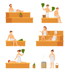 Bath, sauna and spa procedures isolated. People in banya. Relaxation body care and therapy, aromatherapy and wellness. Hygiene and regeneration with warm water and steam people sitting on wooden bench