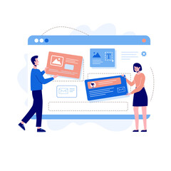 Website development concept. Social network. Landing page template designed by man and woman. Flat, modern design. Vector illustration.