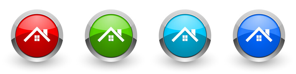 Fototapete - House, roof and window silver metallic glossy icons, set of modern design buttons for web, internet and mobile applications in four colors options isolated on white background