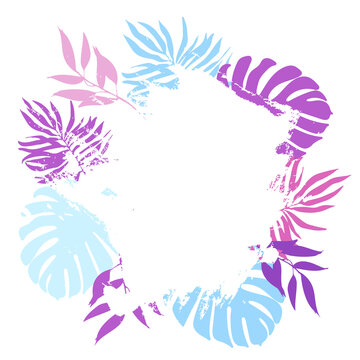 poster with tropical leaves monstera and palm and white square brush stroke on a white background. Colorful banner template. illustration isolated on white background.