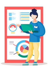 Fototapete - The woman analyzes graphs and charts on the background. The marketer studies information about the metrics. Girl with laptop is working on her computer. Statistical analyzes of financial work