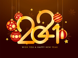 Canvas Print - Golden 2021 Happy New Year Text With Stars, Hanging Realistic Baubles And Snowflakes On Brown Background.