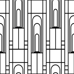 Vector art deco architectural vertical geometric grid design with tall arches, squares, rectangles. Black and white seamless pattern background. Elegant stylized backdrop repeat 1920s style.