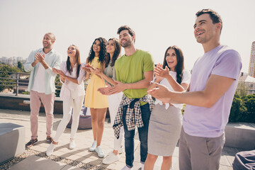 Poster - Portrait of positive fellow friends toothy smile arms applaud clap weekend gathering cafe roof outdoors