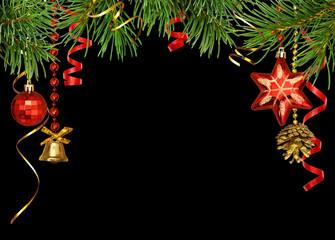 Wall Mural - Green pine twigs, red and golden decorations for Christmas top border isolated on black